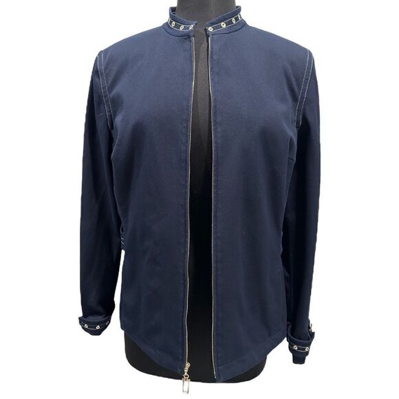 ST John Sport by Marie Gray Navy Blue Zip Front Grommet Trim Sport Coat Jacket - Picture 2 of 16